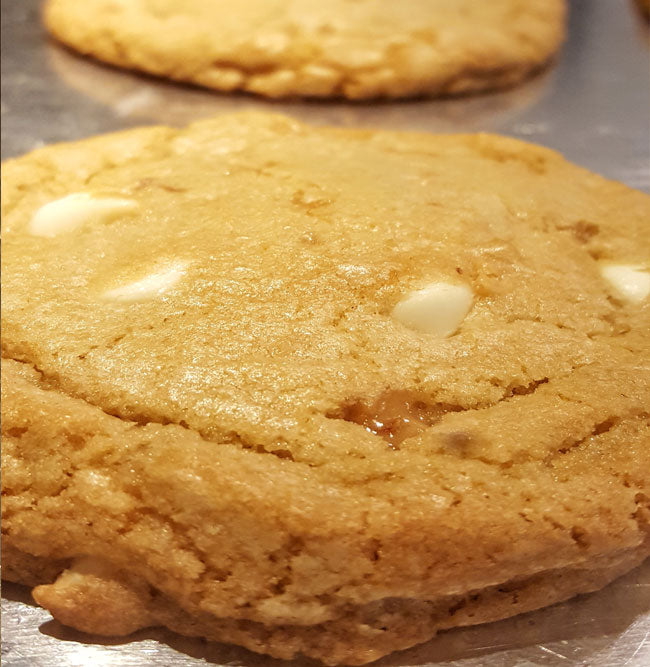 white chocolate toffee cookies with crunchy bits
